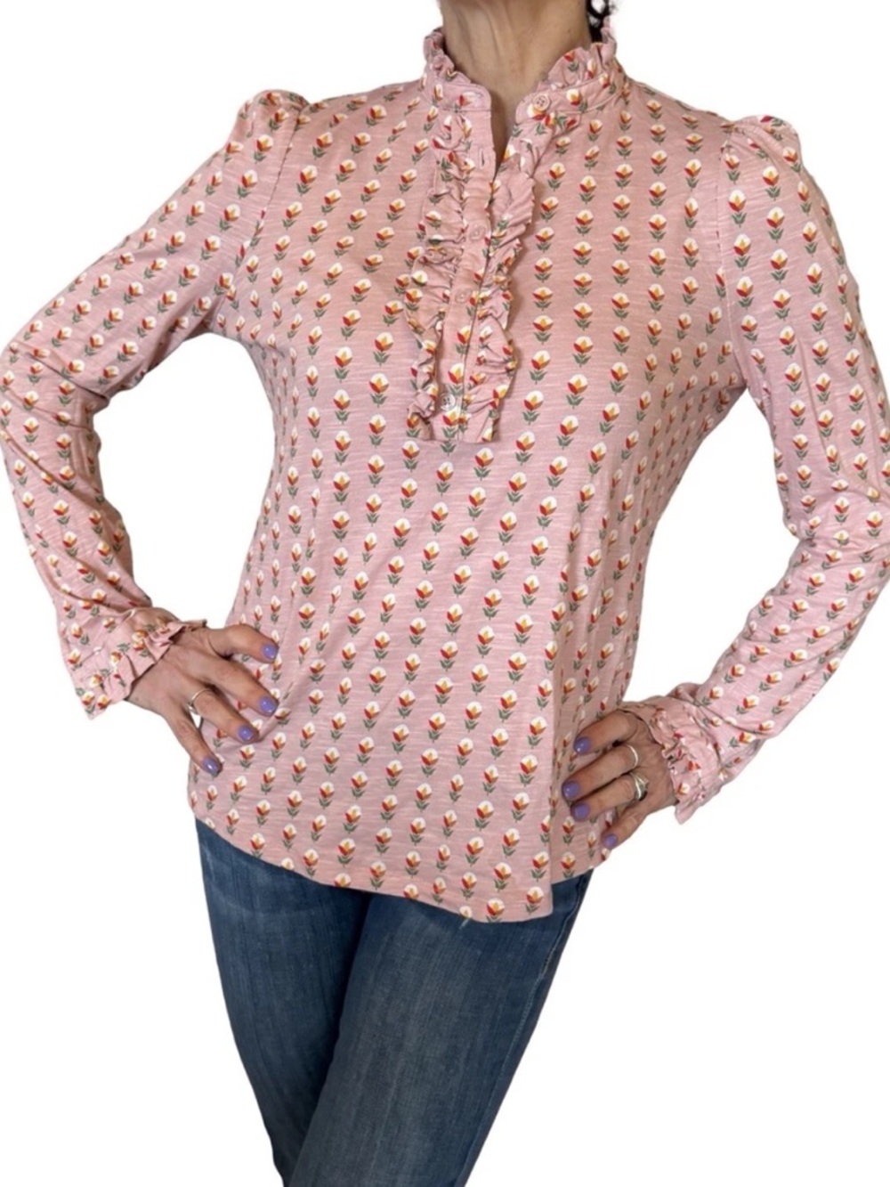 Boden Light Pink Floral Ruffle-Front Long Sleeve Blouse Size 16/18